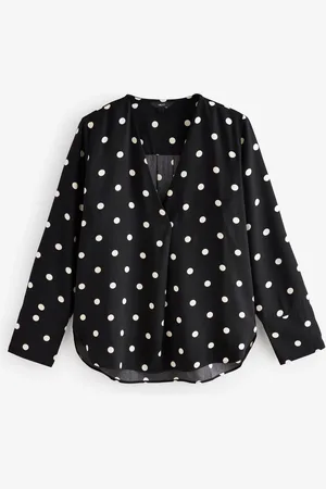 Next /White Spot Relaxed Fit Long Sleeve Overhead V-Neck Blouse