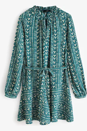 Next /Cream Heart Print Boho Tie Waist Long Sleeve Mini Shirt Dress