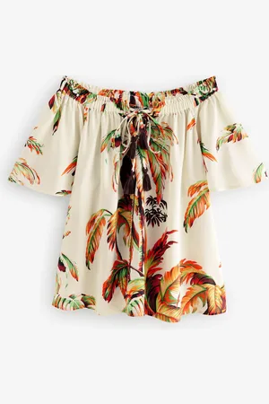 Next Ecru Palm Print Short Sleeve Tie Neck Bardot Top