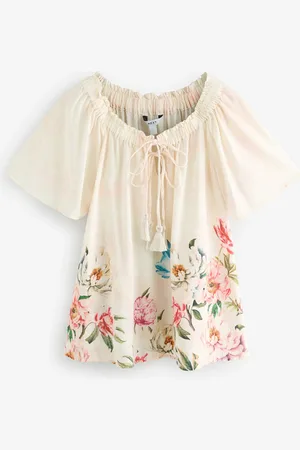 Next Floral Placement Print Short Sleeve Tie Neck Bardot Top