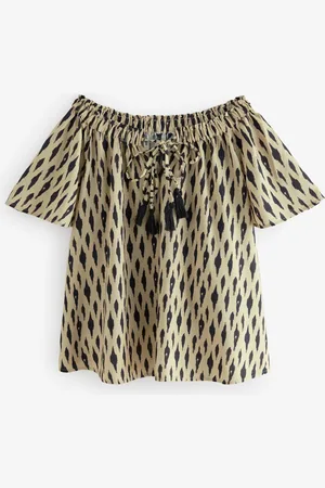 Next Dash Print Short Sleeve Tie Neck Bardot Top