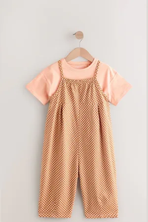 Next Orange Checkerboard 100% Cotton Short Sleeve T-Shirt and Playsuit Set (3mths-7yrs)