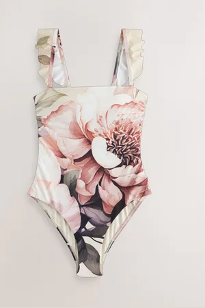 Next /Blush Floral Frill Strap Tummy Control Bandeau Swimsuit