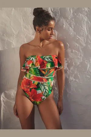 Next Red/ Tropical Crochet Frill Tummy Control Bandeau Swimsuit