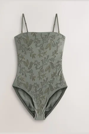 Next Khaki Embroidered Tummy Control Bandeau Swimsuit
