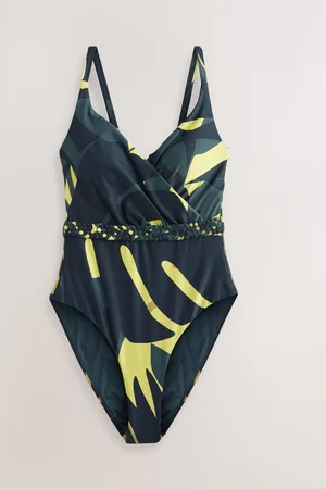 Next /Lime Leaf Plaited Belt Tummy Control Plunge Wrap Swimsuit