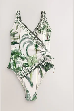 Next Ecru Palm Ruched Side Tummy Shaping Control Swimsuit