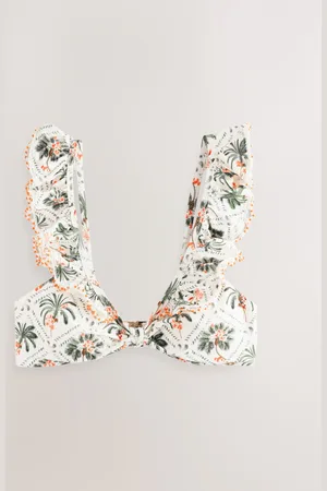 Next Ecru/Coral Trellis Palm Beaded Frill Crop Bikini Top