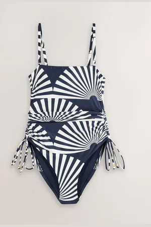 Next /Ecru Fan Print Bandeau Ruched Leg Tummy Control Shaping Swimsuit