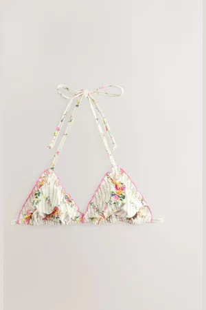 Next Ecru Floral Embroidered Lettuce Edge Bikini Top