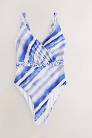 Next Cream/ Tie Dye Plaited Belt Tummy Control Plunge Wrap Swimsuit