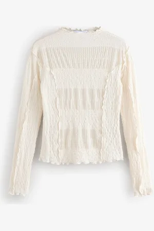 Next Ecru Mixed Mesh Seam Detail Long Sleeve Top