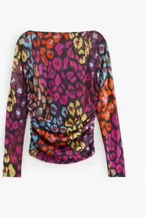 Next Animal Print Long Sleeve Ruched Side Mesh Top