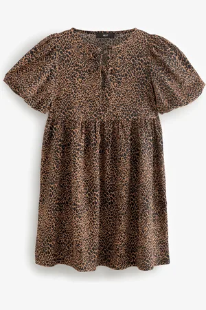 Next Leopard Animal Textured Jersey Puff Sleeves Tie Front Detail Mini Dress