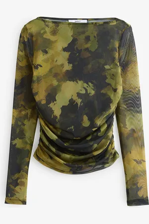 Next Camouflage Long Sleeve Ruched Side Mesh Top