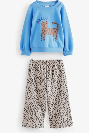 Next Cat Sweatshirt and Printed 100% Cotton Wide Leg Joggers Set (3mths-7yrs)