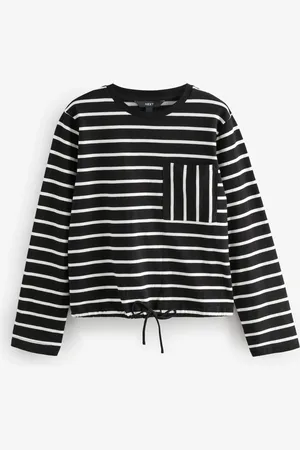 Next /White Stripe Pocket Detail Long Sleeve Drawstring 100% Cotton T-Shirt
