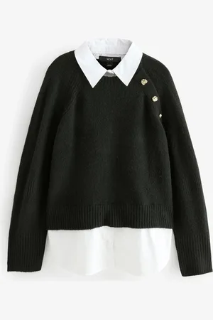 Next Layered Long Sleeve Collared Gold Detailed Button Jumper with Wool and 100% Cotton Shirt