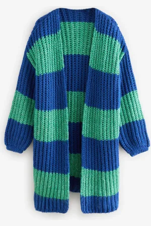 Next Green Stripe Chunky Knitted Longline Bright Cardigan