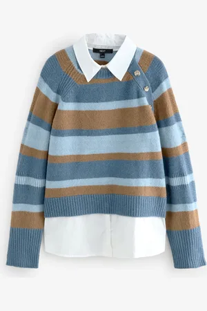 Next Stripe Layered Long Sleeve Collared Gold Detailed Button Jumper with Wool and 100% Cotton Shirt