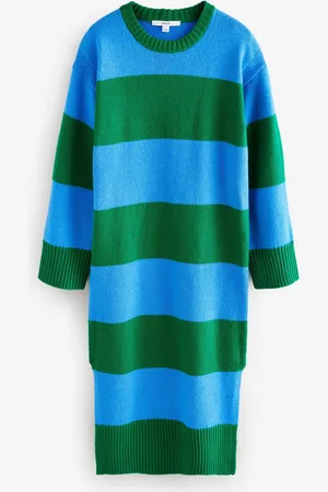 Next Green Stripe Relaxed Soft Touch Crew Neck Midi Knitted Jumper Dress