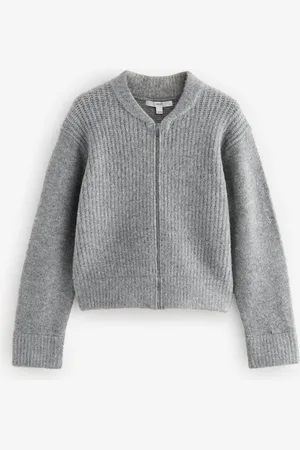 Next Rib Knitted Zip Through Cardigan Bomber Jacket with Wool