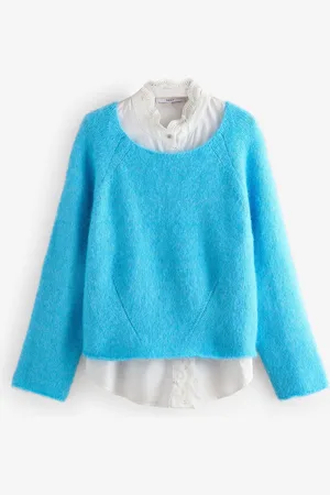 Next Bright Supersoft Layer Jumper With Gem Button Shirt