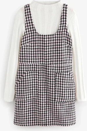 Next Pink Houndstooth Pattern Layered Pocket Front Knitted Pinafore Mini Dress