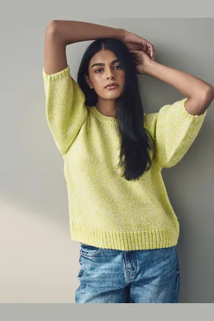 Next Yellow Twist Half Sleeve Crew Neck Jumper with Wool