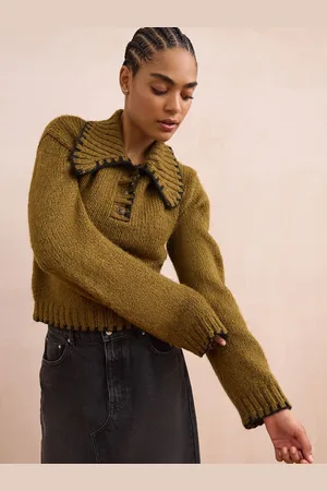 Next Olive Knitted Polo Jumper with Stitch Collar Detail