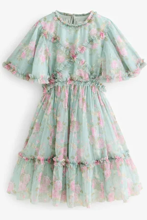 Next Sage Floral Cut Out Mesh Printed Occasion Dress (3-16yrs)