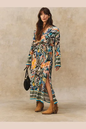 Next Green/ Palm Print Kimono Sleeve Tie Waist Maxi Dress