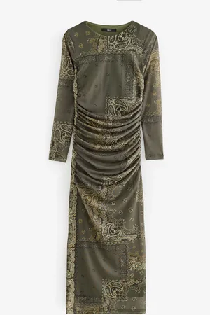 Next Khaki Scarf Print Long Sleeve Placement Floral Mesh Maxi Dress