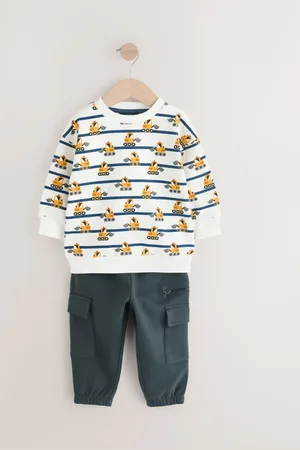 Next White and Blue Striped Digger Sweatshirt and Utility Joggers 2 Piece Set (3mths-7yrs)