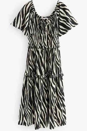 Next /White Animal Zebra Print Short Sleeve Jersey Tie Front Textured Midi Dress
