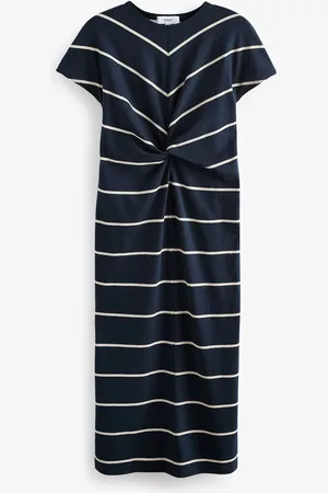Next Blue/White Stripe 100% Cotton Twist Short Sleeved T-Shirt Summer Dress