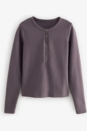 Next Slate Mink Brown Cosy Soft Touch Rib Button Neck Henley Jumper Top