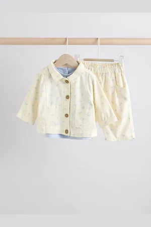 Next /Blue Floral Print Baby Long Sleeve 100% Cotton Bodysuit Denim Jacket & Trousers 3 Piece Set (0mths-2yrs)