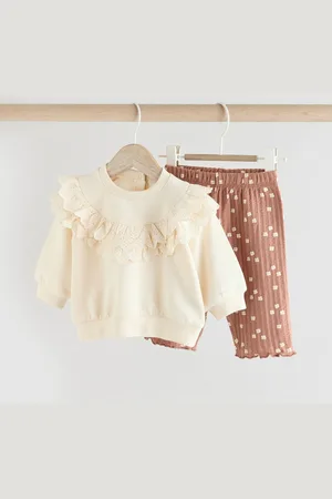 Next / Tan Flower Print 2 Piece Baby Sweat Top & Trouser Set