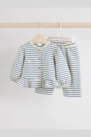 Next / White Stripe Frill Hem Baby Sweat Jumper & Trousers Set