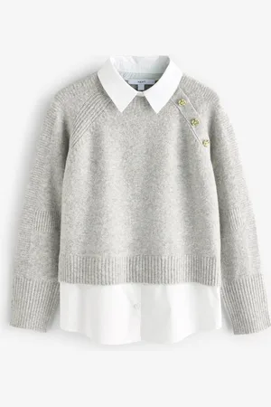 Next Layered Long Sleeve Collared Gold Detailed Button Jumper with Wool and 100% Cotton Shirt