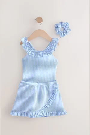 Next Blue/ Stripe Swimsuit, Swim Skirt & Scrunchie 3 Piece Set (3-16yrs)