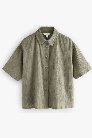 Next Khaki Short Sleeve Textured Co-ord Shirt With Linen