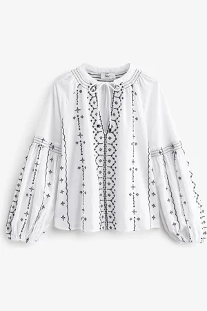 Next /White 100% Cotton Constrast Embroidered Boho Long Sleeve Blouse