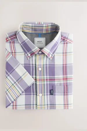 Next Lilac Purple/Ecru Madras Regular Fit Short Sleeve Easy Iron Button Down Oxford Shirt