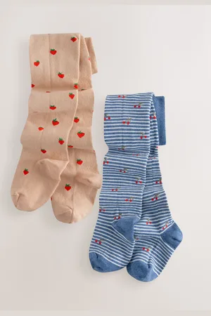 Next And Neutral Brown 2 Pack Cotton Rich Strawberry and Cherry Tights