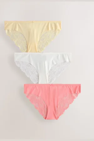 Next Coral /Lemon/Cream Brazilian No VPL Lace Back Briefs 3 Pack