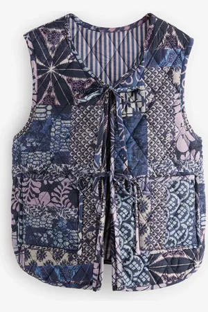Next Lilac/Purple Abstract and Stripe Print Padded Reversible Tie Front 100% Cotton Gilet