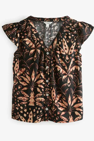 Next /Tan Palm Print Button Down Ruffle Sleeve Top