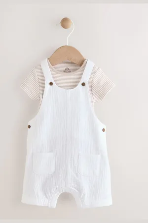 Next /Neutral Baby Woven Dungaree and Striped Bodysuit Set (0mths-2yrs)